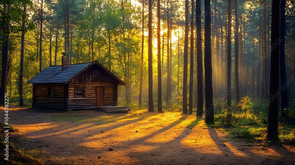 Tranquil log cabin in a sunlit forest at dawn. Tranquil log cabin in a sunlit forest at dawn.