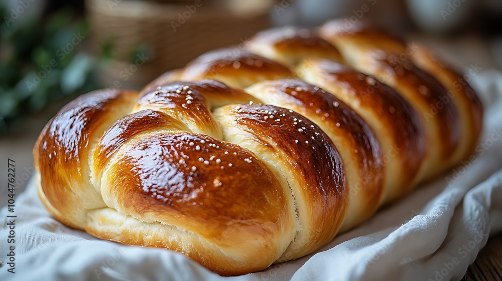 A freshly baked loaf of braided bread with a golden crust, sprinkled with sesame seeds. A freshly baked loaf of braided bread with a golden crust, sprinkled with sesame seeds.