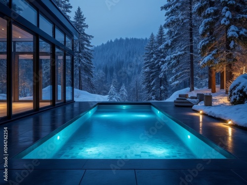 Luxury outdoor pool surrounded by snow-covered trees and a modern villa, creating a serene winter retreat at dusk with ambient lighting