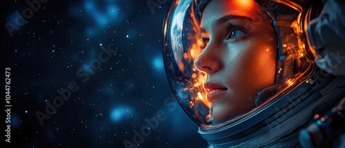 Young astronaut in helmet, gazing at the stars, dark blue background photo