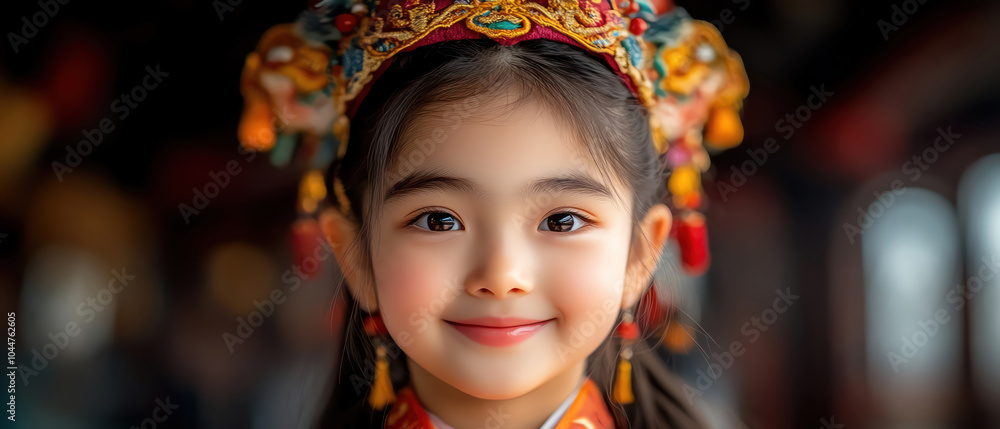 Young girl in traditional Chinese attire with a dragon mask, smiling brightly Young girl in traditional Chinese attire with a dragon mask, smiling brightly