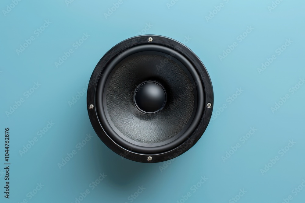 Black round speaker against a light blue background Black round speaker against a light blue background