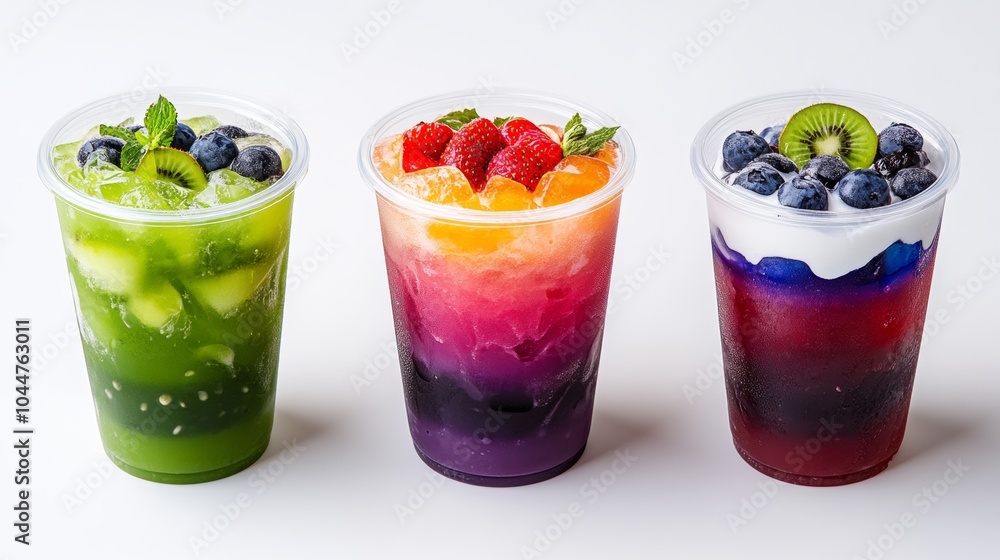 Three colorful drinks in tall glasses with fruit on top. Ice tea, cold foam, slushy, pink, green, watermelon, lime and strawberry, make taste swirled in layers. product photo, three ice teas. Three colorful drinks in tall glasses with fruit on top. Ice tea, cold foam, slushy, pink, green, watermelon, lime and strawberry, make taste swirled in layers. product photo, three ice teas.