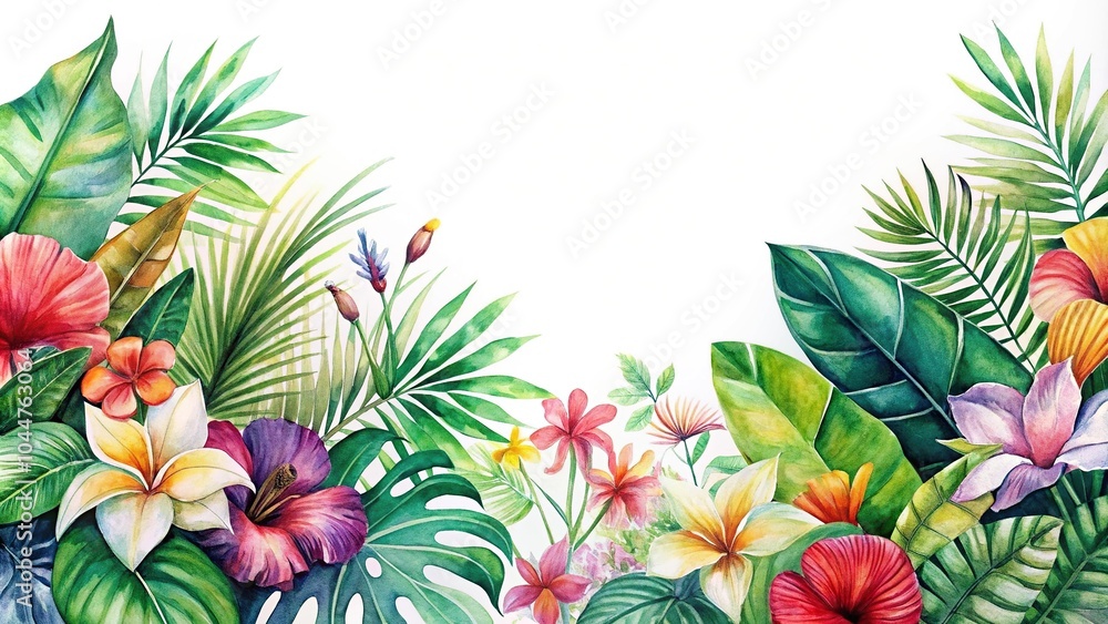 Tropical plants and flowers painted in watercolor on a white background pattern Asymmetrical Tropical plants and flowers painted in watercolor on a white background pattern Asymmetrical