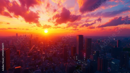 Vibrant Sunset Over a City Skyline with Colorful Clouds