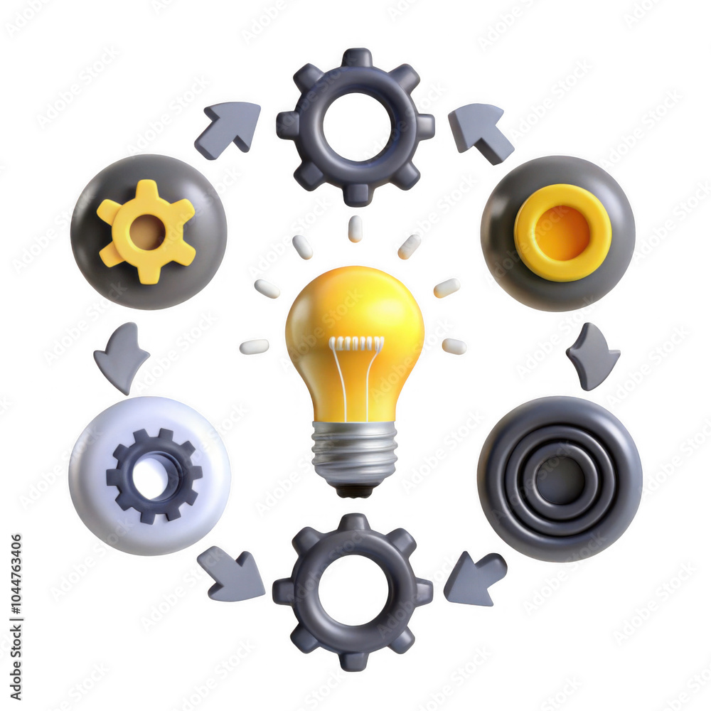 A vibrant 3D rendering showcasing various icons representing ideas and mechanisms around a light bulb, perfect for brainstorming and innovation themes. A vibrant 3D rendering showcasing various icons representing ideas and mechanisms around a light bulb, perfect for brainstorming and innovation themes.