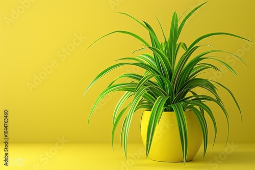 Green plant in a bright yellow pot against a vibrant yellow background