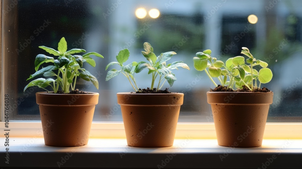 Three small pots with plants growing in them Three small pots with plants growing in them