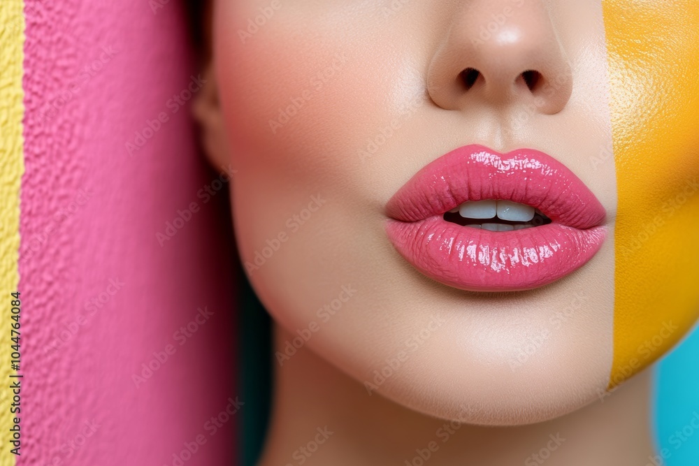 Fototapeta premium Woman with a pink lip is shown with a yellow stripe on her face. colorful feel to it, with the pink lip and yellow stripe creating a bold and eye-catching look. Luscious feminine lips, close-up