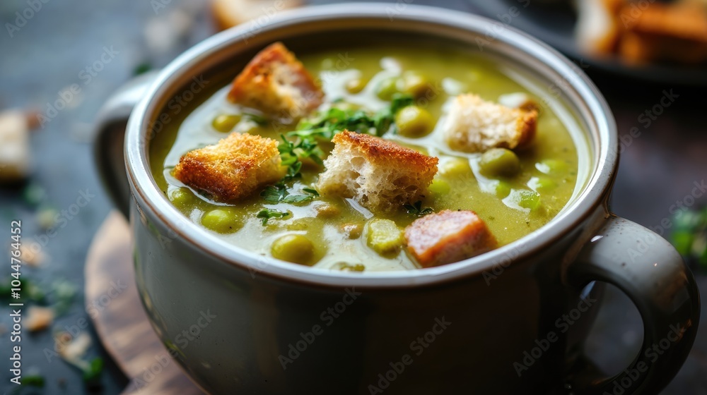 White enamel mug filled with flavorful homemade pea soup featuring sausage and croutons A healthy cuisine idea White enamel mug filled with flavorful homemade pea soup featuring sausage and croutons A healthy cuisine idea