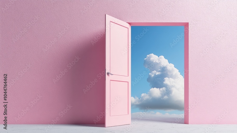 An open pastel pink door in a matching wall reveals a view of the sky and clouds An open pastel pink door in a matching wall reveals a view of the sky and clouds