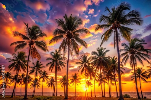 Tropical sunset landscape with palm trees close-up