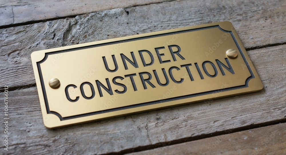 under construction engraved text on gold name plate sign under construction engraved text on gold name plate sign