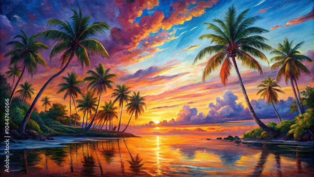 Fototapeta premium Tropical sunset painting with trees on canvas