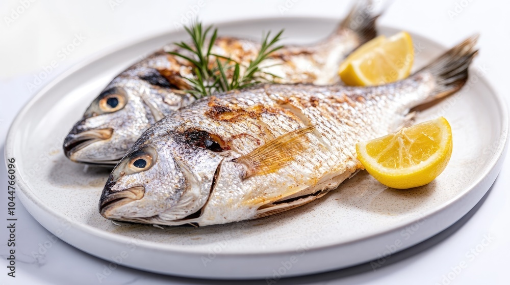 Fresh striped sea bream rests on a clean white plate Fresh striped sea bream rests on a clean white plate