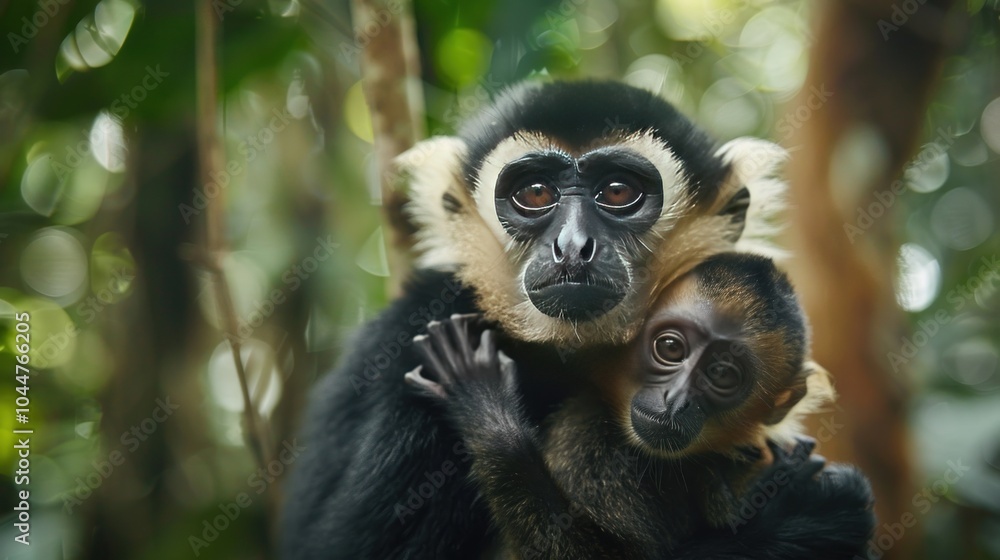 Close up of a yellow-cheeked siamang monkey with its baby in the forest. Close up of a yellow-cheeked siamang monkey with its baby in the forest.