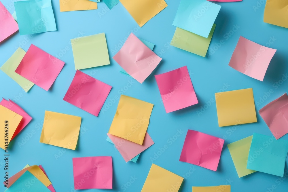 Colorful sticky notes scattered on a vibrant blue background Colorful sticky notes scattered on a vibrant blue background