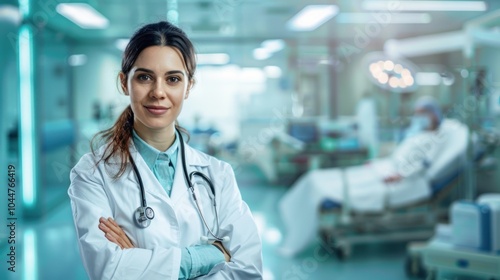 Portrait of confident female Doctor with stethoscope in hospital background, AI generated image