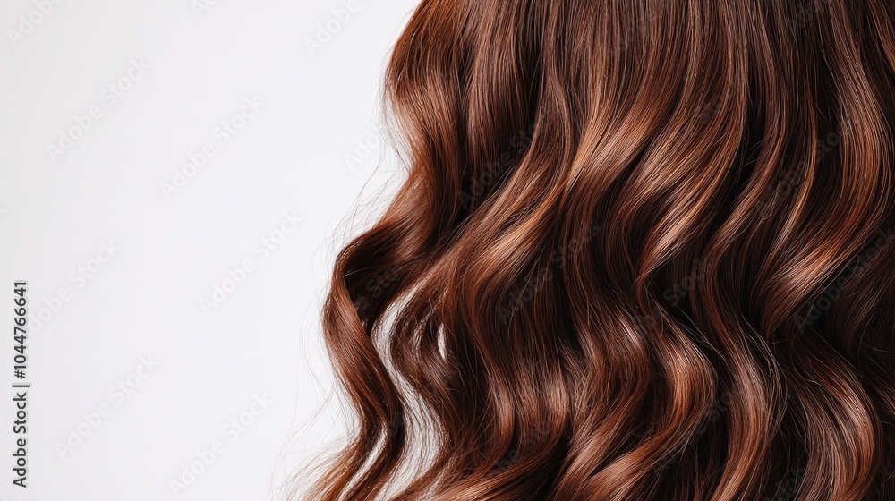 Naklejka premium Curly brown hair isolated against a white backdrop Gorgeous vibrant long chocolate locks showcasing haircuts and styles Concepts of dyed hair coloring extensions care and treatment Banner