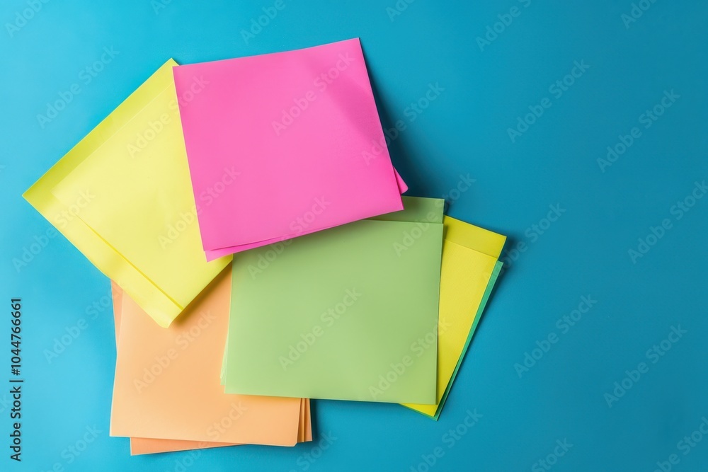 Collection of colorful sticky notes arranged on a bright blue background Collection of colorful sticky notes arranged on a bright blue background