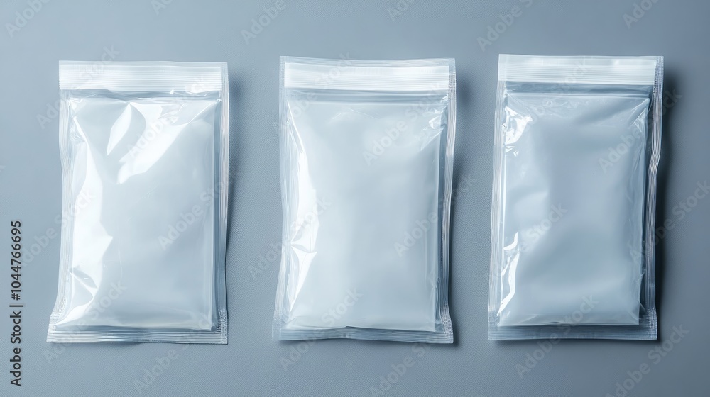 Three white zippered plastic bags on a gray backdrop Three white zippered plastic bags on a gray backdrop