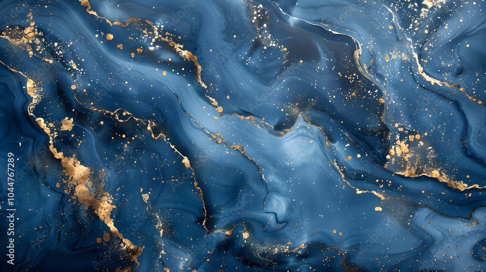 Fototapeta premium Abstract blue marble texture with gold splashes, blue luxury background