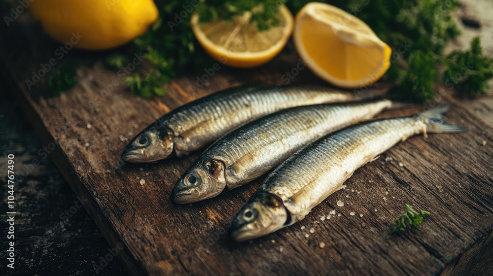 Fresh herring displayed on a rustic wooden surface captured in a close up shot Fresh herring displayed on a rustic wooden surface captured in a close up shot