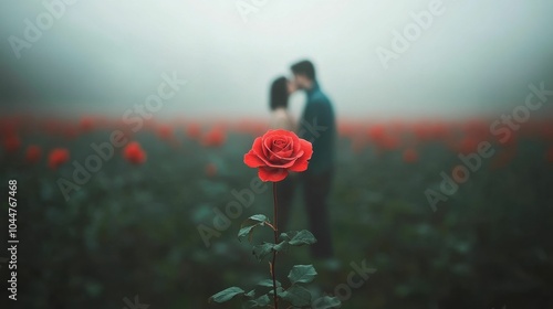 Red rose in focus with a blurred couple kissing in a foggy field, creating a romantic and mysterious atmosphere..