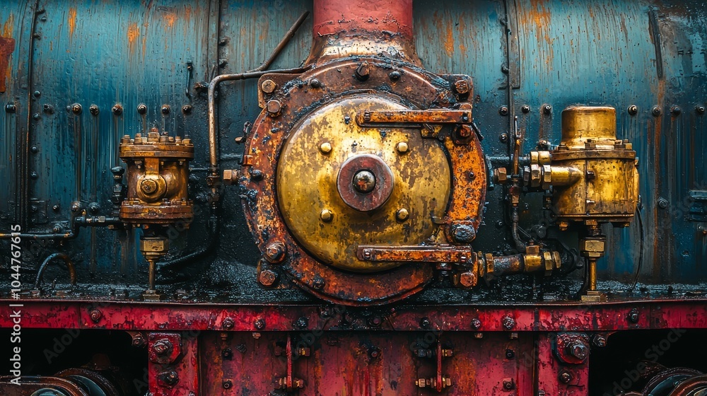 Close-up of an antique locomotive engine, focusing on corroded pipes and polished brass components, old locomotive, nostalgic engineering Close-up of an antique locomotive engine, focusing on corroded pipes and polished brass components, old locomotive, nostalgic engineering