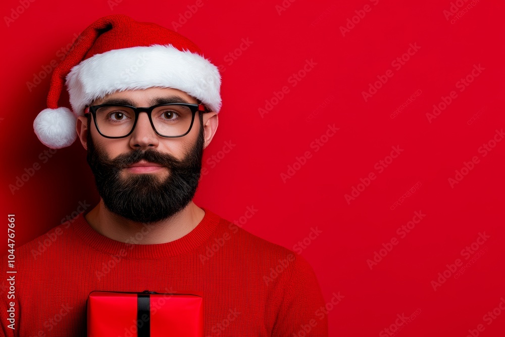 Man in red hat, glasses is holding a red cup. He has a beard and is wearing a red sweater. nice attractive cheerful cheery glad stunned bearded Santa showing ad advert copy space present gift surprise Man in red hat, glasses is holding a red cup. He has a beard and is wearing a red sweater. nice attractive cheerful cheery glad stunned bearded Santa showing ad advert copy space present gift surprise