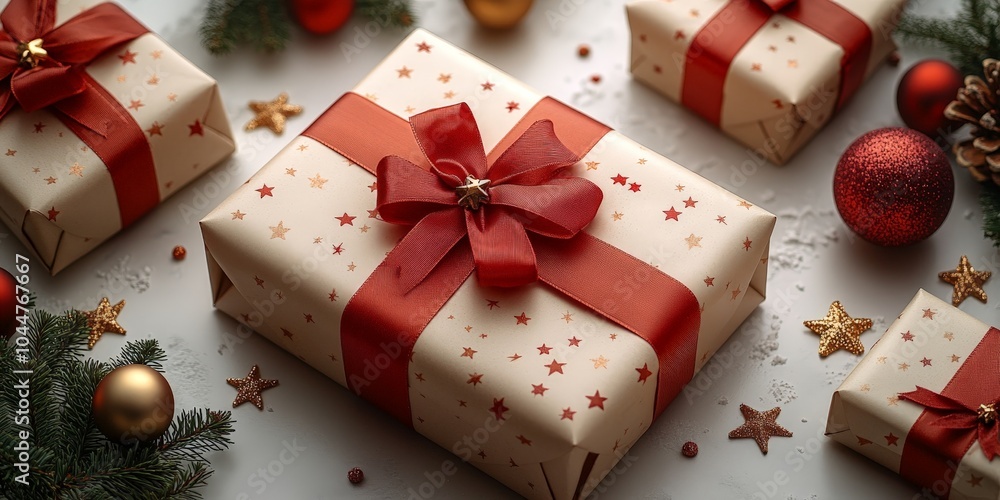 Christmas Gifts with Red Bows and Ornaments on White Background Christmas Gifts with Red Bows and Ornaments on White Background