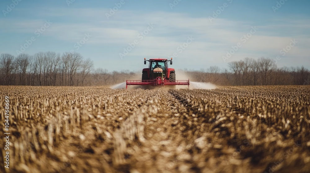 Fototapeta premium Tractor applying pesticides in a soybean field during the spring season
