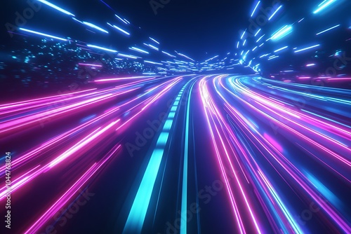 Light trail wave, fire path trace line, car lights, optic fiber and incandescence curve twirl. High speed road in night time abstraction. Sport car is made of polygons, lines and connected dots.