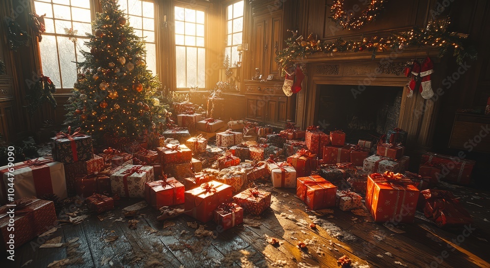 Obraz premium Festive Living Room with Presents Ready for Christmas Morning