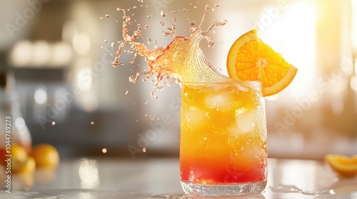 Tequila sunrise cocktail with splashing liquid and an orange slice in mid air against a light backdrop
