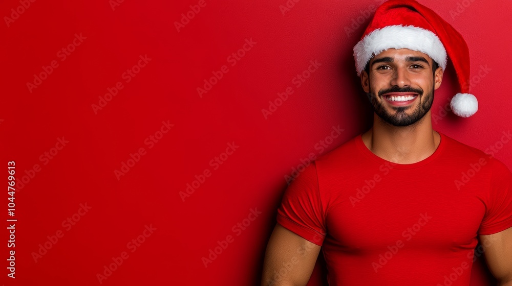 Man in a red shirt is smiling and wearing a Santa hat. The image has a festive and cheerful mood, as it is likely a Christmas-themed photo Man in a red shirt is smiling and wearing a Santa hat. The image has a festive and cheerful mood, as it is likely a Christmas-themed photo