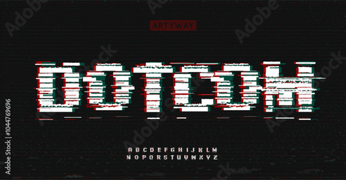 Bold glitch font, distorted pixelated letters, cyberpunk aesthetic alphabet for digital errors typography, Y2K bug digital art, sci-fi logo and headline. Retro wave glitch typography. Vector typeset