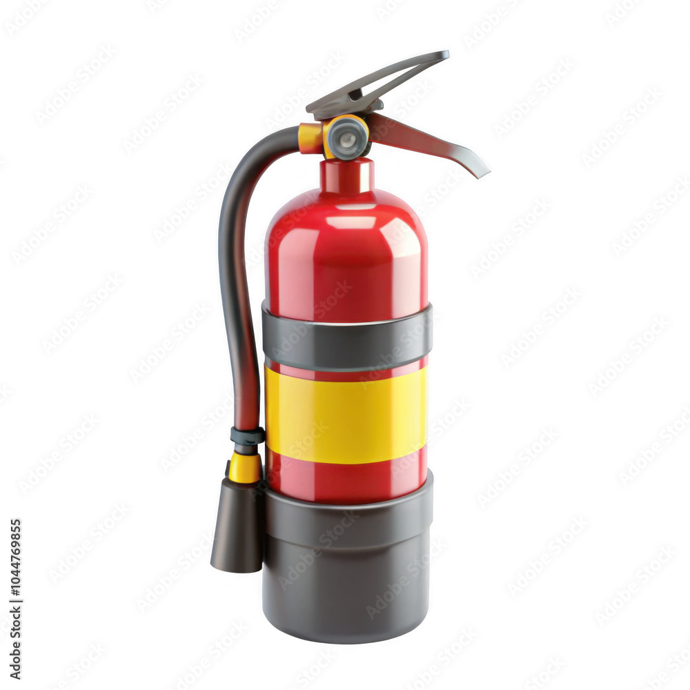 Naklejka premium This image showcases a realistic red fire extinguisher with a yellow stripe, designed for fire safety in various environments.