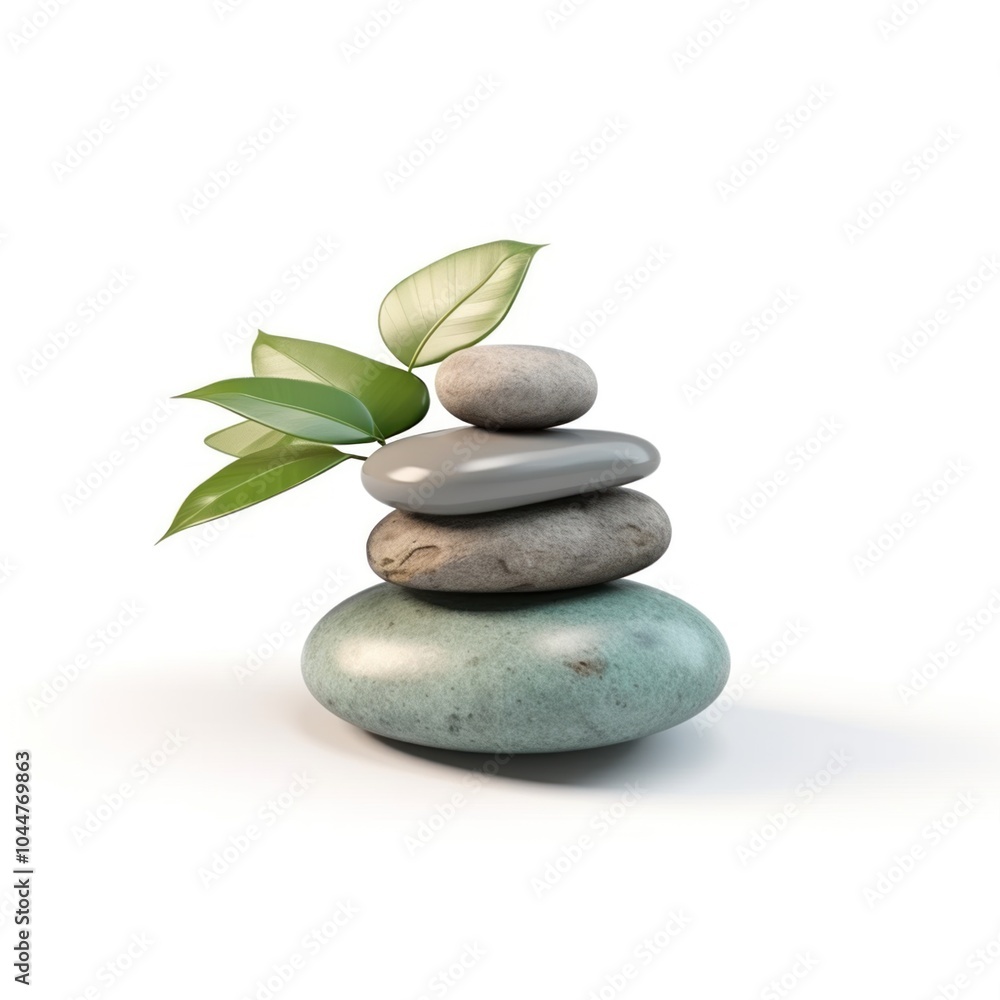 Serene Stacked Stones with Lush Green Leaves for Improved Wellness and Inner Peace. Relax and spa concept. Isolated on white background Serene Stacked Stones with Lush Green Leaves for Improved Wellness and Inner Peace. Relax and spa concept. Isolated on white background