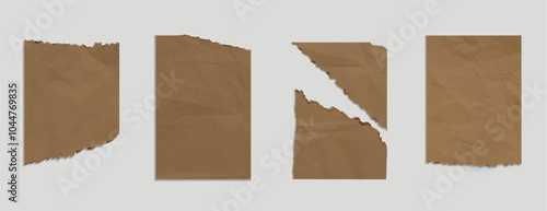 Crumpled torn brown kraft paper with rough cut off edges for scrapbook or writing message. Realistic 3d vector set of blank wrinkled ripped craft sketchbook or newspaper notepaper page mockup.
