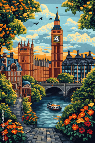 Wool art illustration of Big Ben and a London bus photo