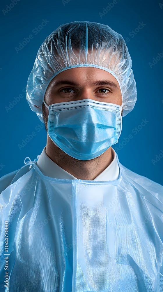 Male healthcare worker in protective gear on a blue background Male healthcare worker in protective gear on a blue background