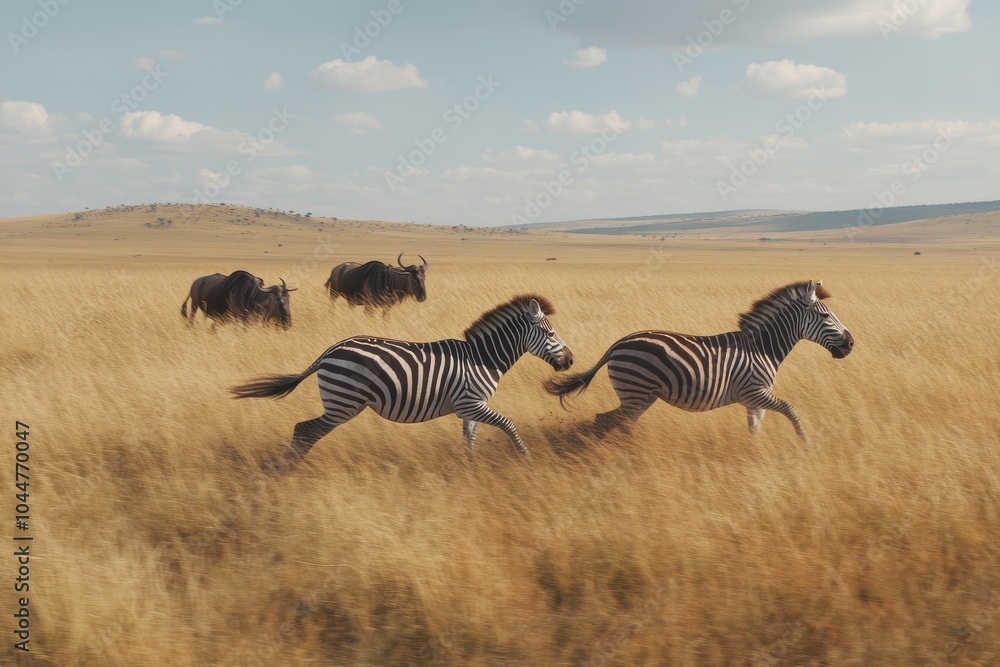Naklejka premium Graceful Zebras Sprinting Across the Golden Savanna, Capturing the Essence of Wildlife and Freedom in Their Natural Habitat.