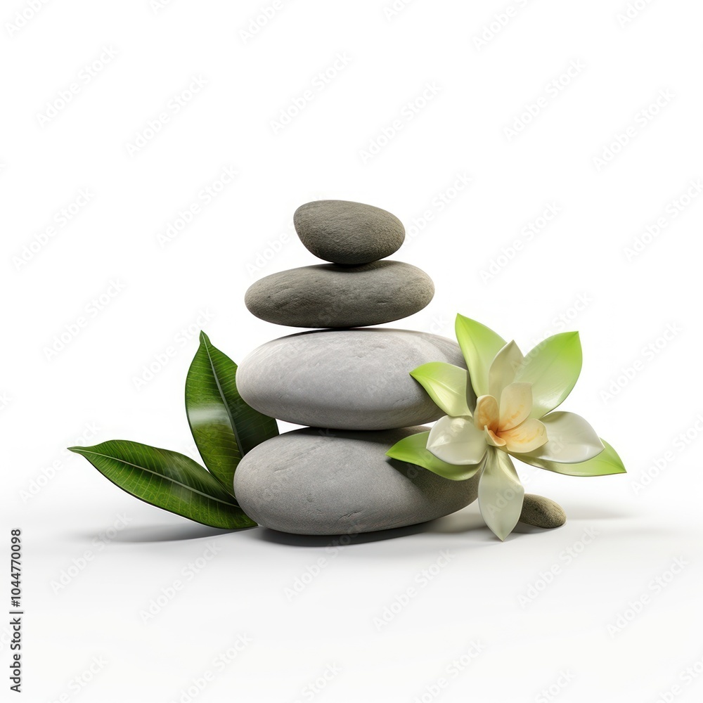 Serene Stacked Stones with Lush Green Leaves for Improved Wellness and Inner Peace. Relax and spa concept. Isolated on white background Serene Stacked Stones with Lush Green Leaves for Improved Wellness and Inner Peace. Relax and spa concept. Isolated on white background