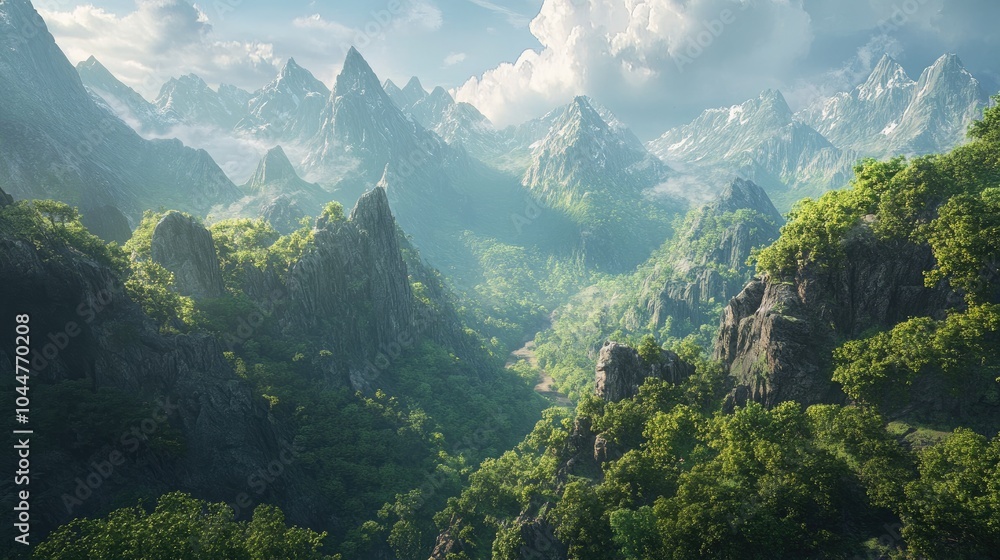 Obraz premium Breathtaking landscape featuring mountains adorned with lush trees