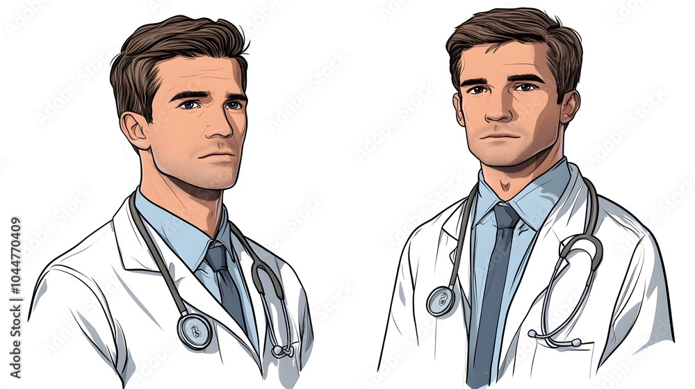 Confident young male doctor in a lab coat with a stethoscope, displaying professionalism. Confident young male doctor in a lab coat with a stethoscope, displaying professionalism.