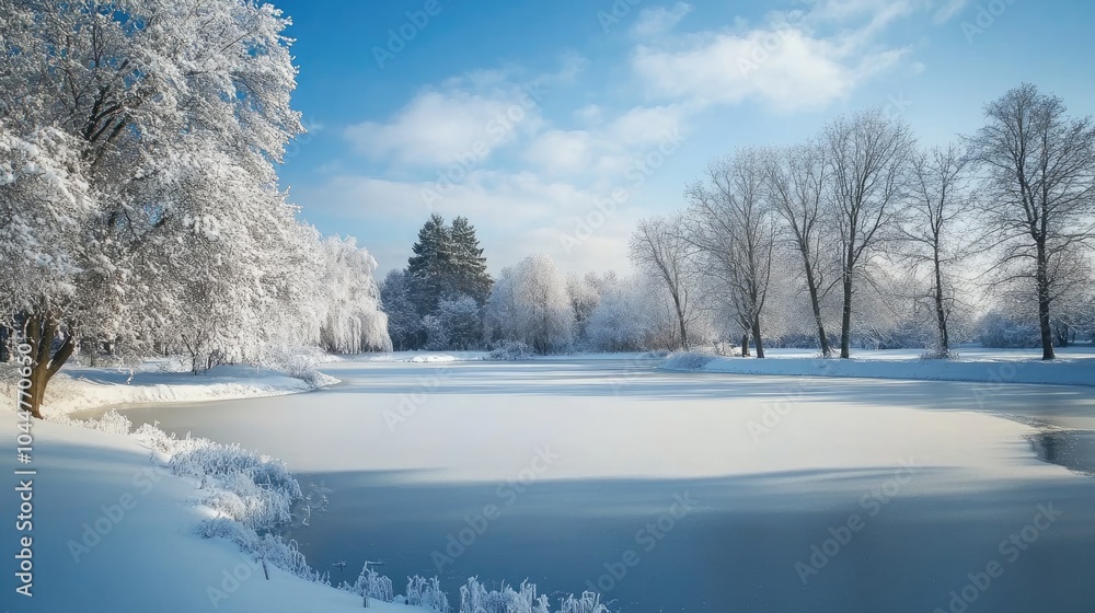 Snowy winter landscape in a park Cold weather and fresh snow create a serene scene Snowy winter landscape in a park Cold weather and fresh snow create a serene scene