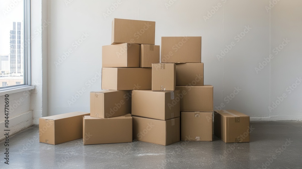 Stack of sealed cardboard boxes arranged on the floor for display purposes Stack of sealed cardboard boxes arranged on the floor for display purposes