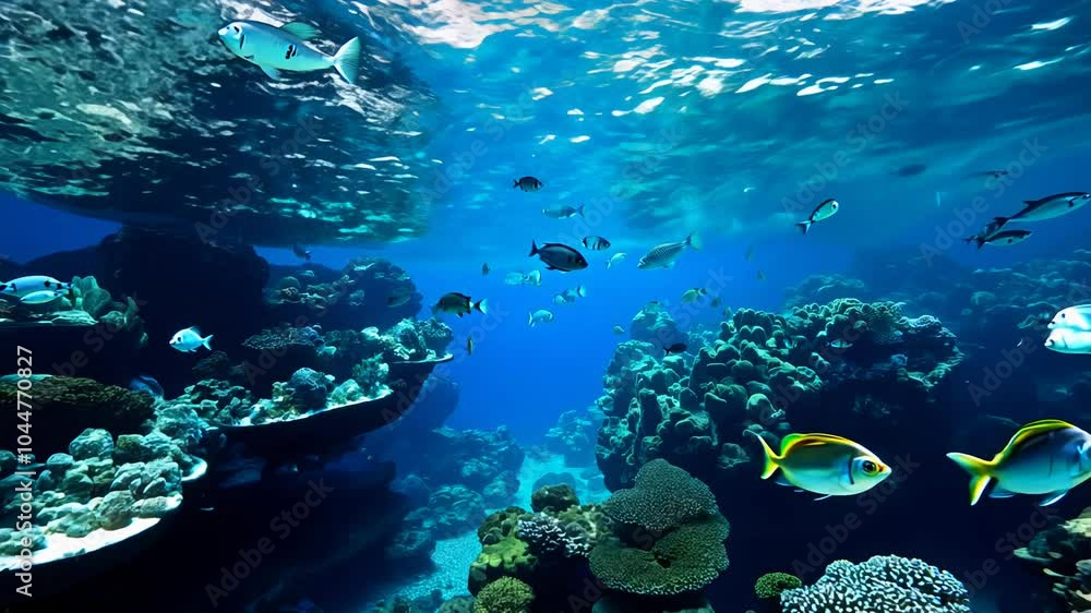 Camera movement and effects, 360-degree video with key light, establishing scene of an aquarium with fish tanks, marine life, and underwater scenery Camera movement and effects, 360-degree video with key light, establishing scene of an aquarium with fish tanks, marine life, and underwater scenery