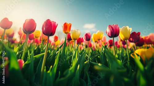 A colorful field of tulips stretching as far as the eye can see, celebrating the joy of spring.